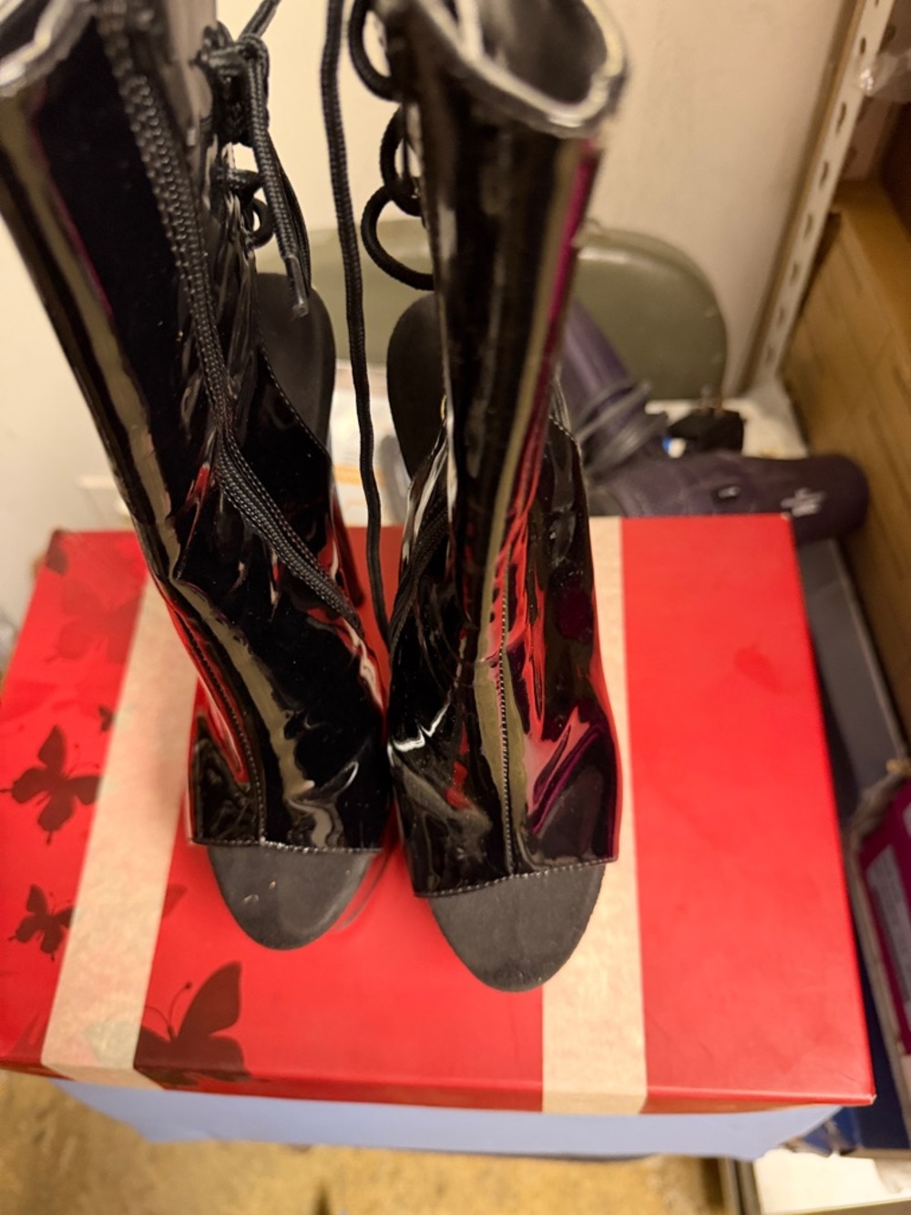 Pleaser Black Patent Lace-Up Peep Toe Heeled Boots